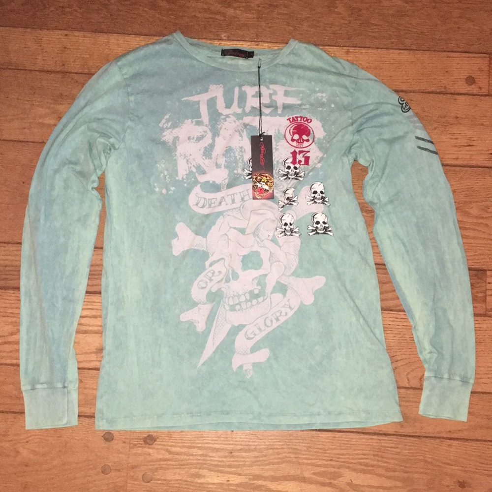 Ed Hardy Death Or Glory Long Sleeve Teal Shirt